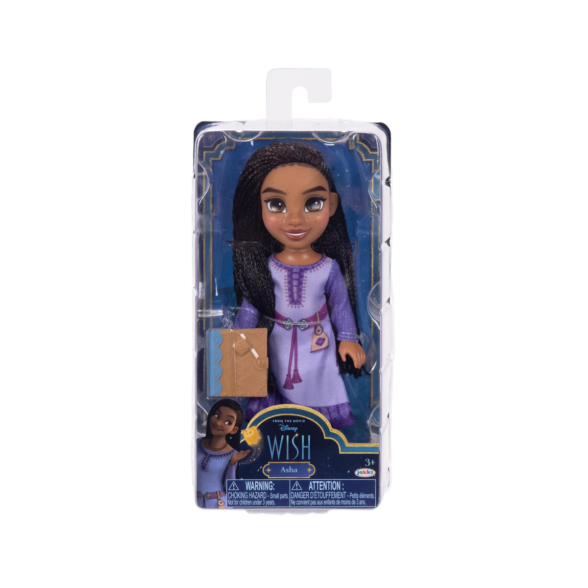 Front of the doll package with the braided doll in a lilac tunic and a tan book, ages 3+