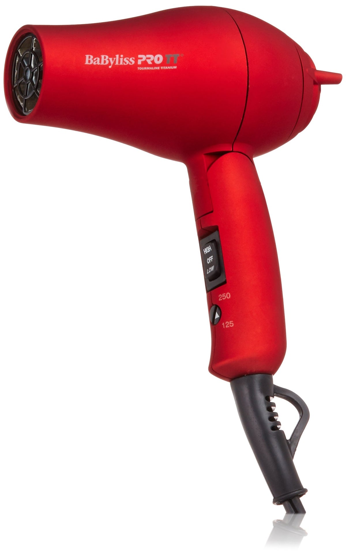Compact matte red travel hair dryer with a folding handle and high, off, low switch