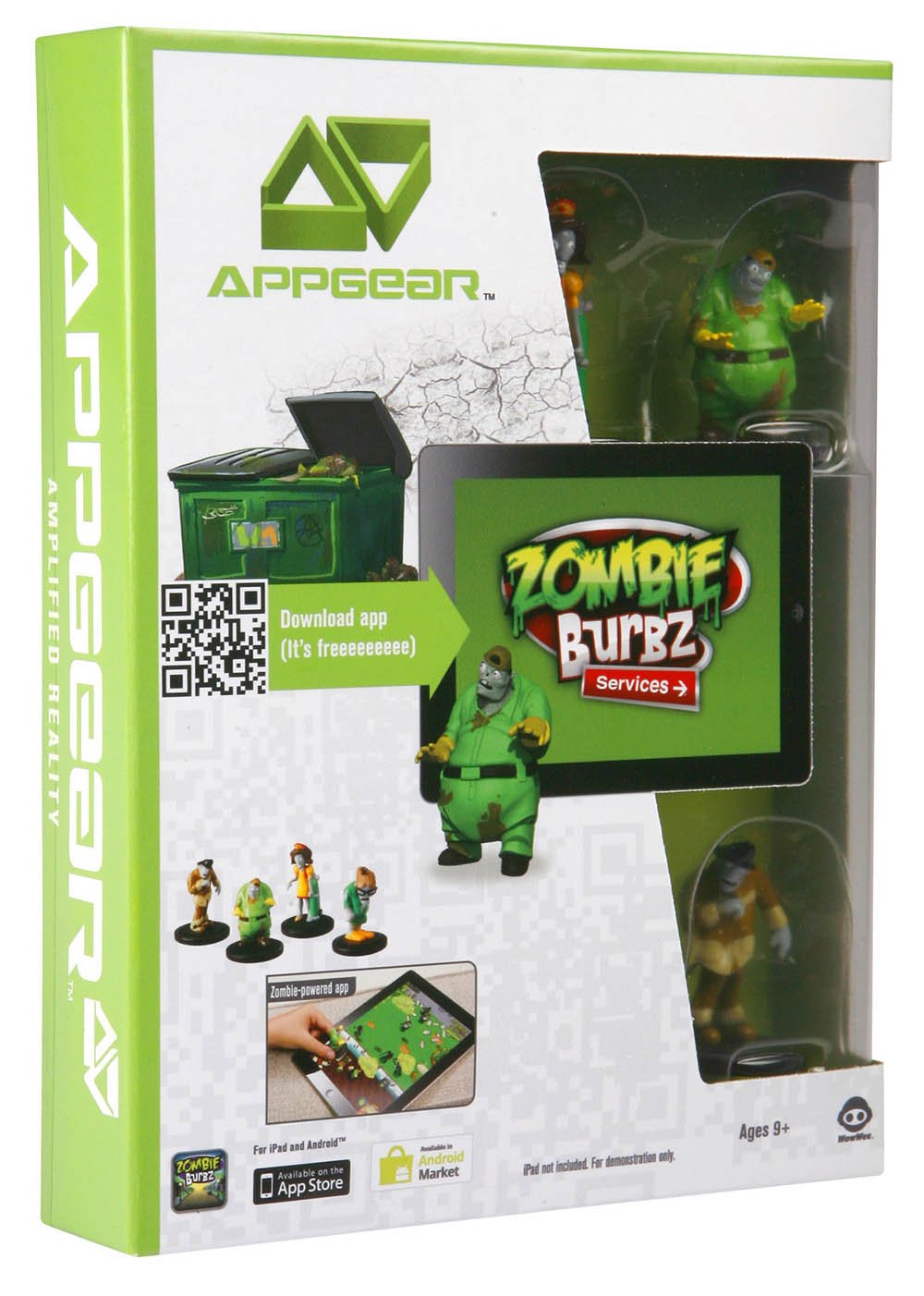 Green AppGear box of four ZombieBurbz Services zombie figures with a tablet game pictured