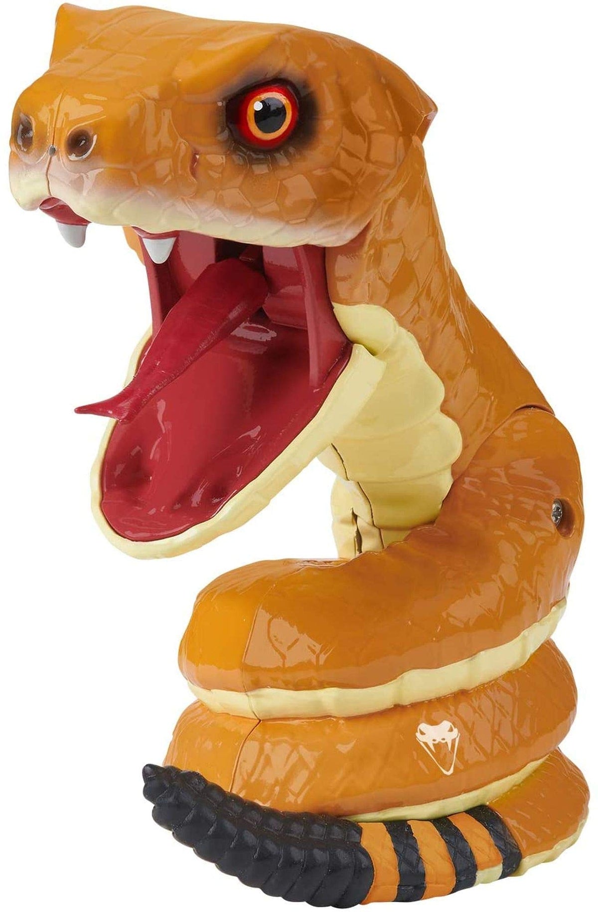 Orange coiled rattlesnake finger toy striking with mouth open, fangs and red tongue