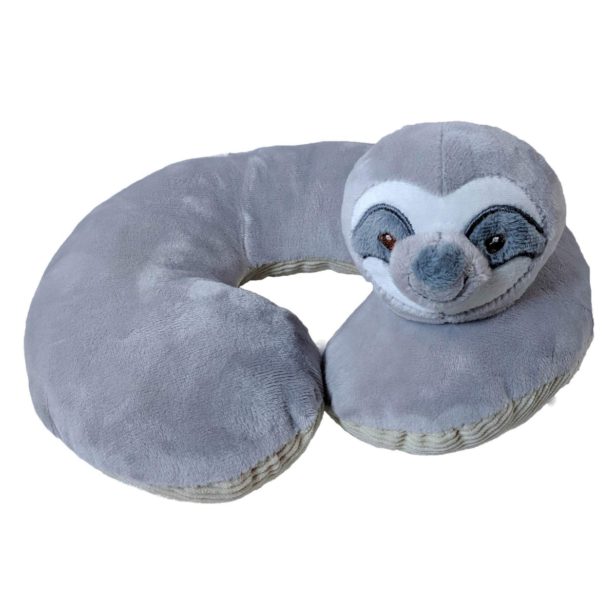 Soft grey plush sloth-head travel neck pillow for kids