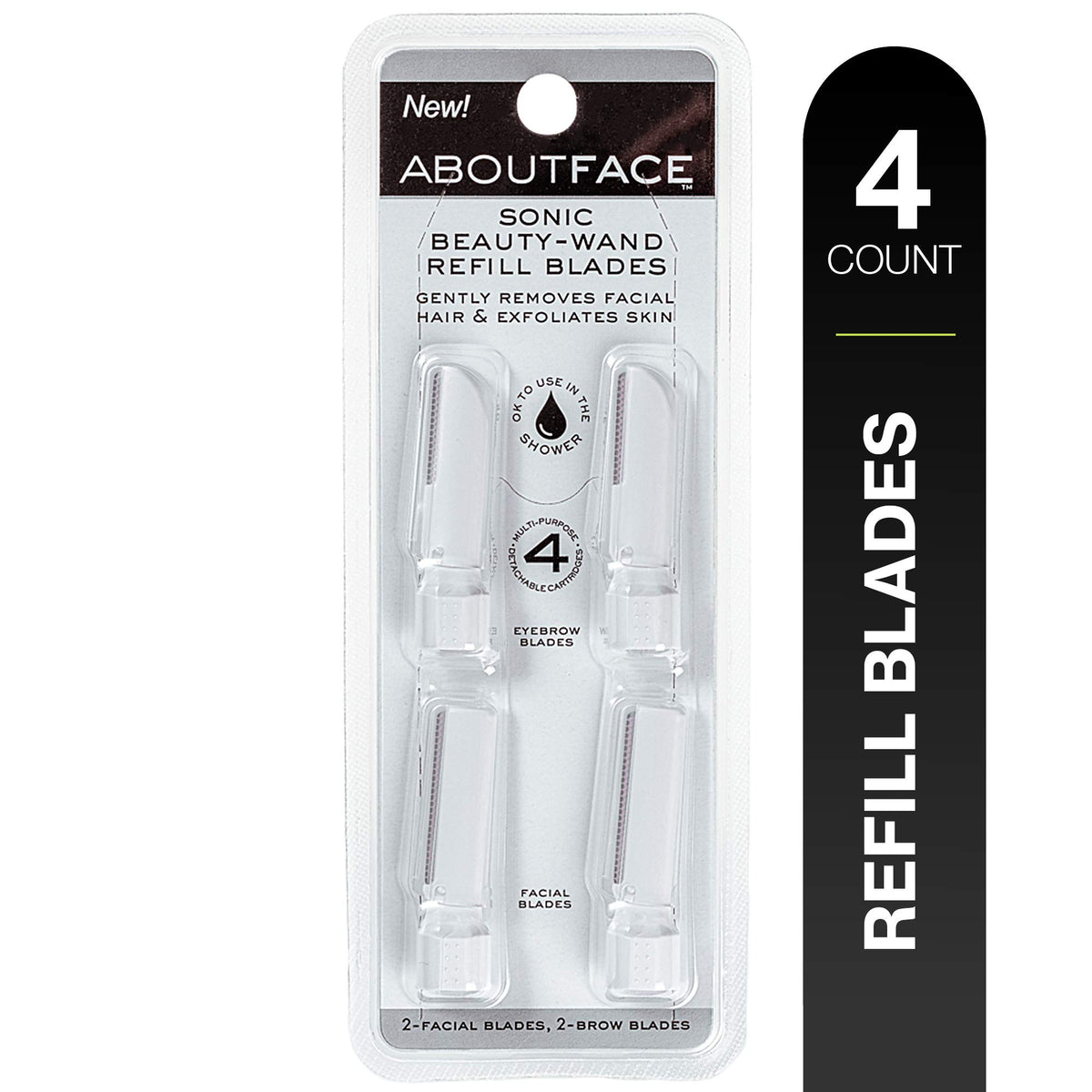 Blister pack of 4 white refill blades: 2 curved brow blades and 2 straight facial blades