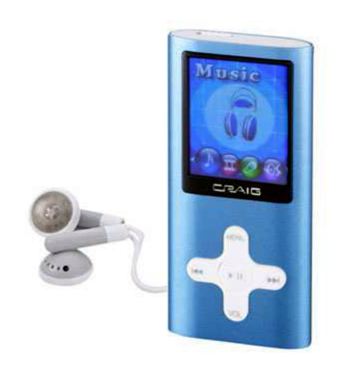 Blue MP3 player with a colour screen showing a music menu, with white earbuds