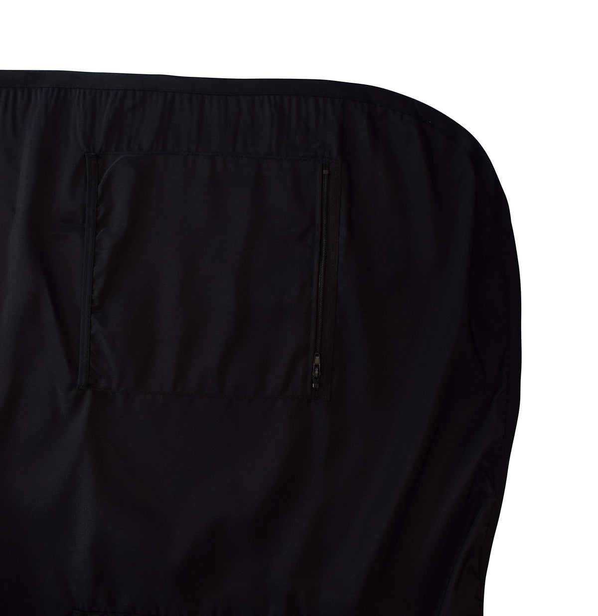 Lower half of the black apron laid flat showing a zippered pocket