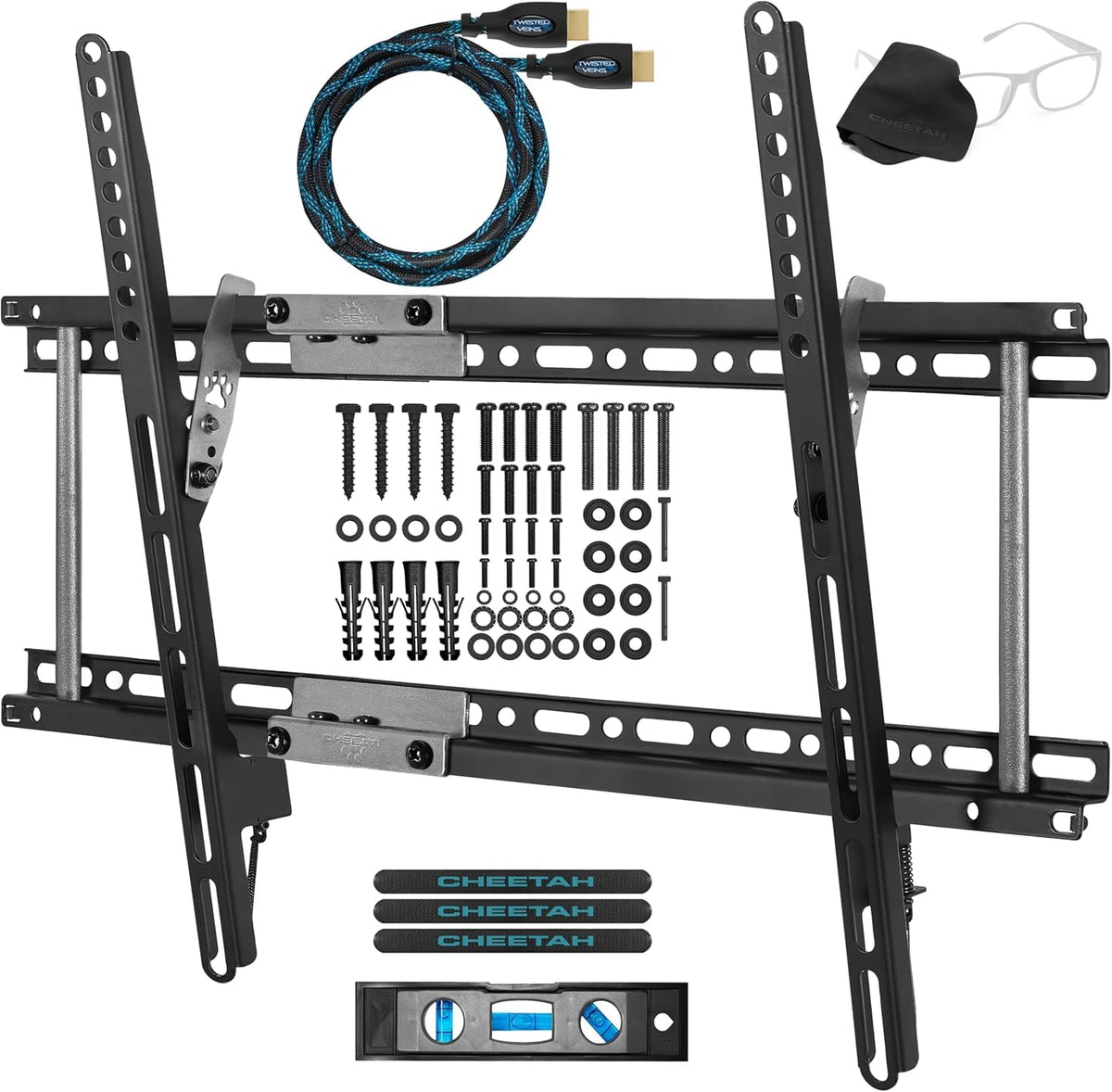 Black tilting TV wall mount with braided HDMI cable, screws, spacers, bubble level and cloth