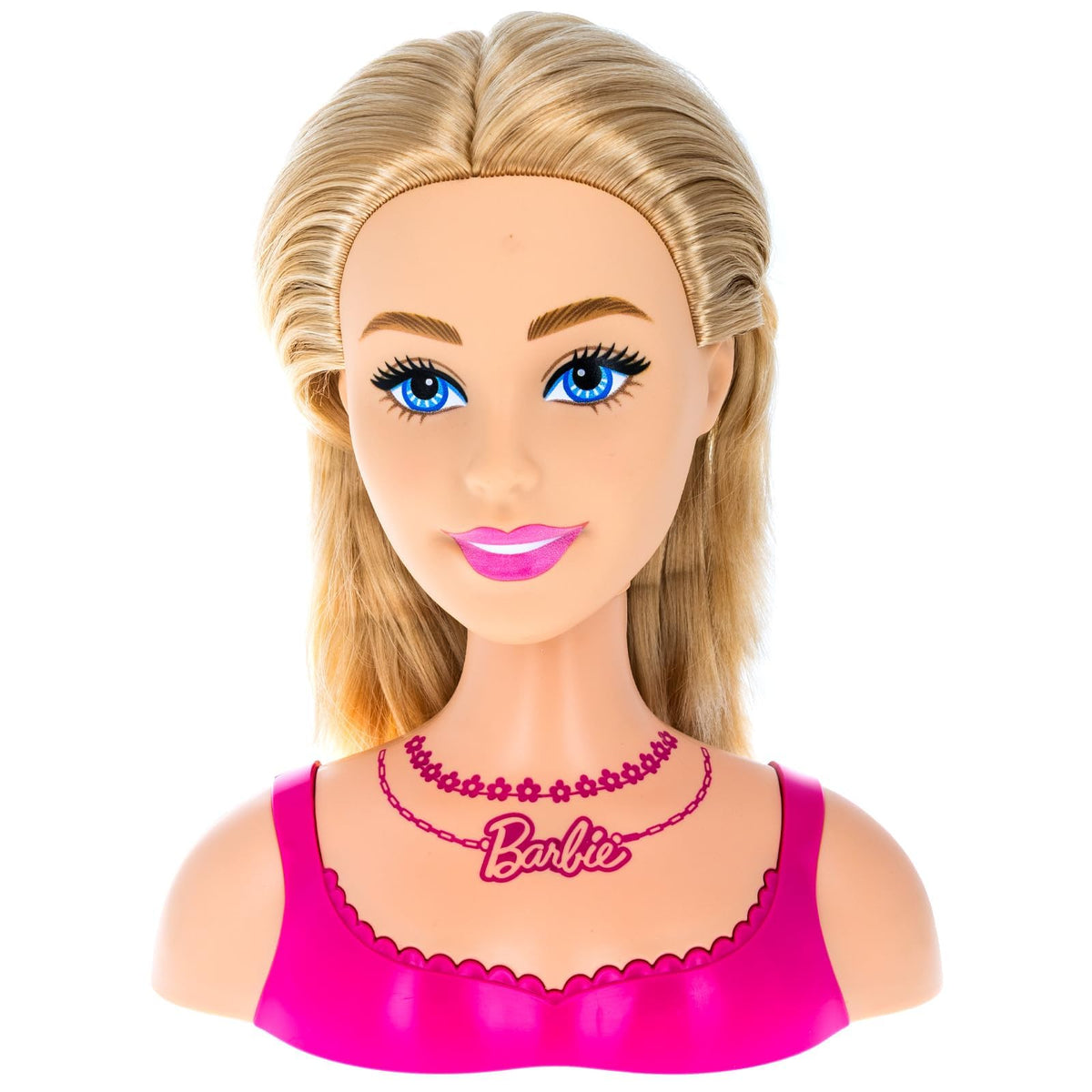 Front of the blonde Barbie styling head with blue eyes and a printed necklace