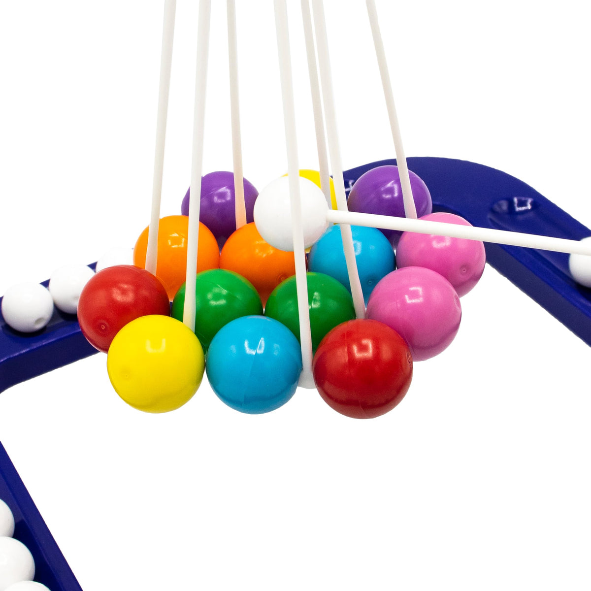 Wand placing a white bead on top of hanging red, yellow, blue, green and pink balls