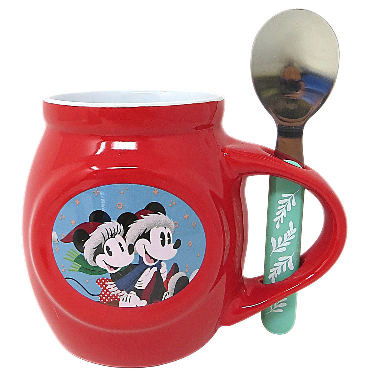 Red ceramic mug with Mickey and Minnie in winter hats and a mint green spoon