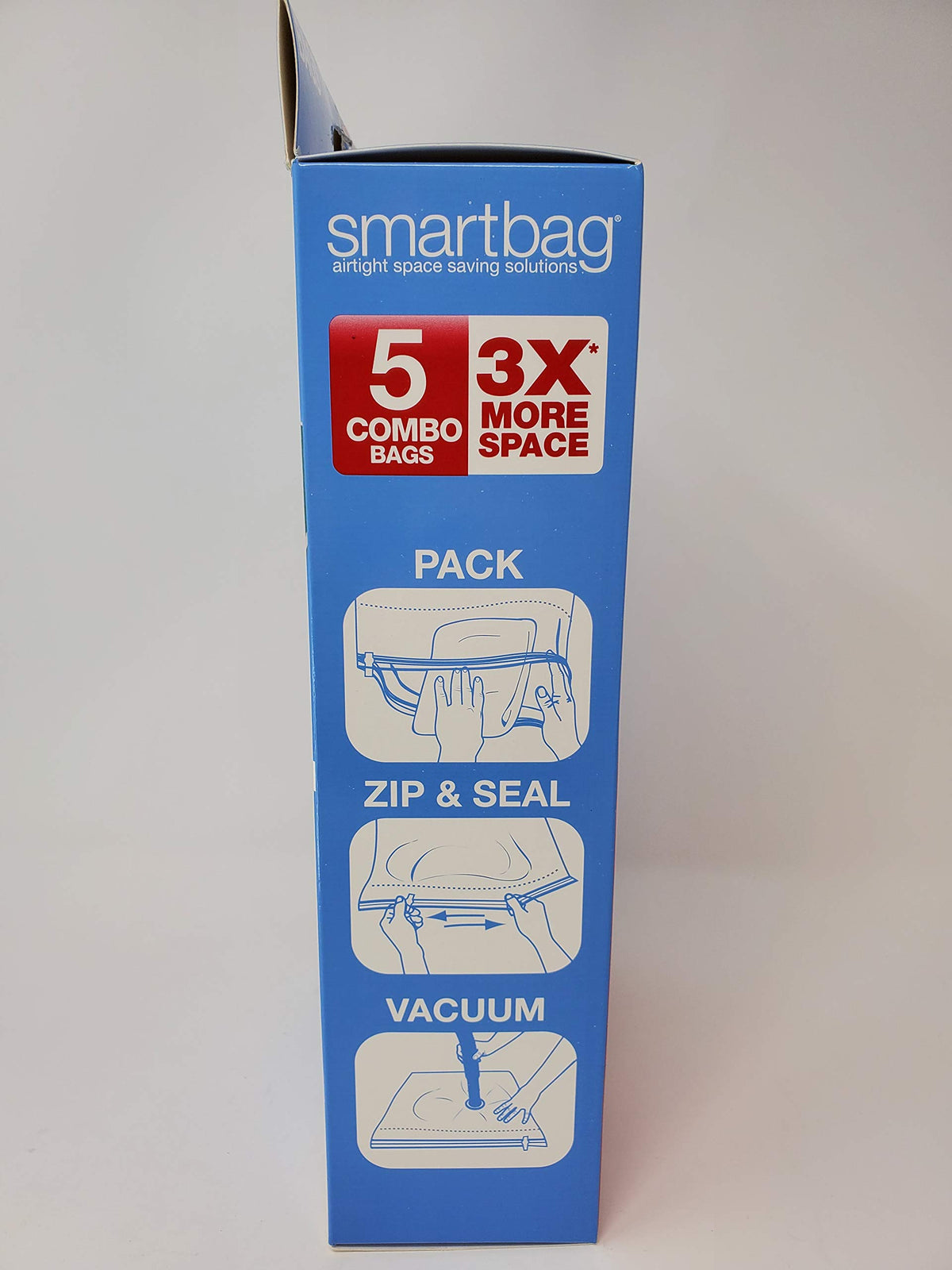 Side of the blue box with pack, zip and seal, and vacuum instruction drawings