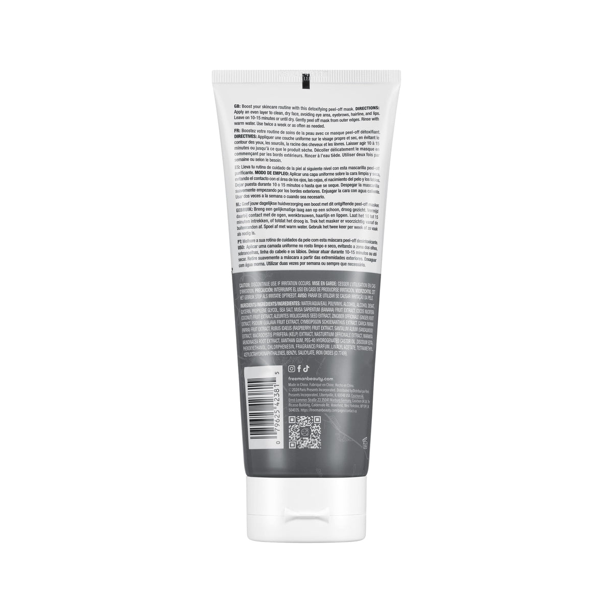 Back of the white and grey tube with directions in five languages and barcode