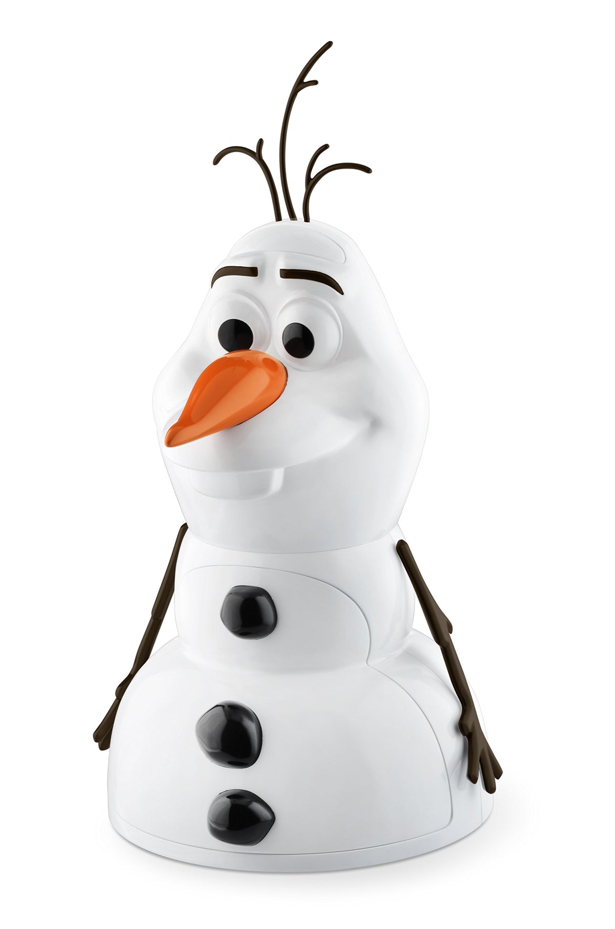 Front of the Olaf snow cone maker with carrot nose, stick arms and black buttons