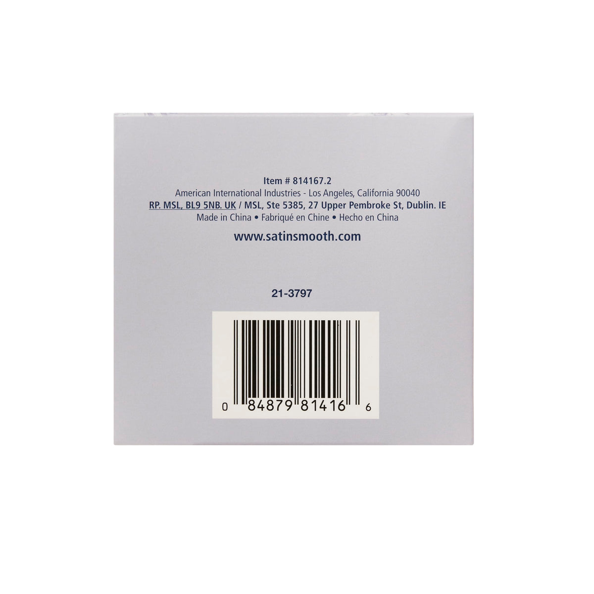 Back of the lavender applicator box with item number, address and UPC barcode