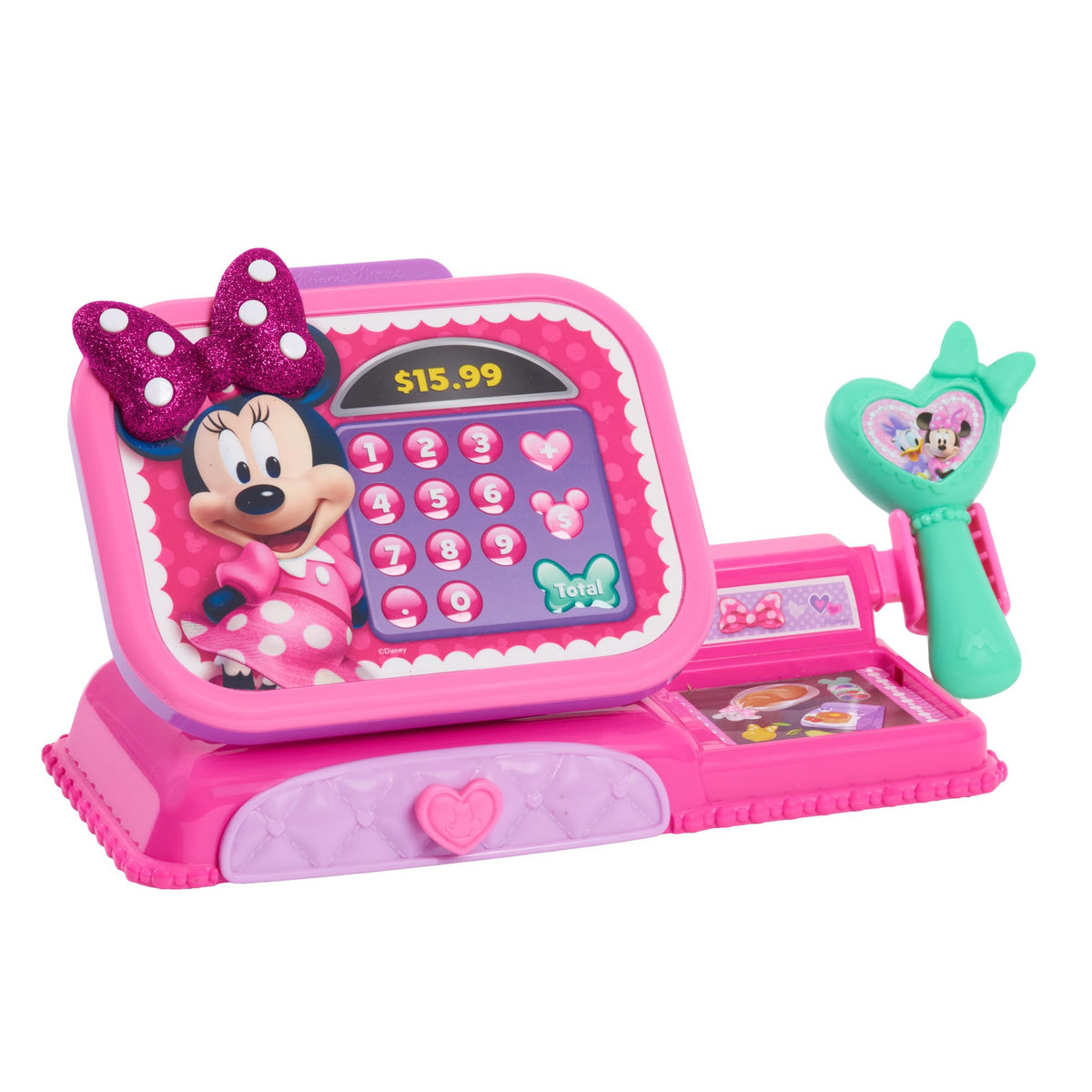 Minnie Mouse toy cash register in pink and purple with a mint green heart-shaped scanner, angled view