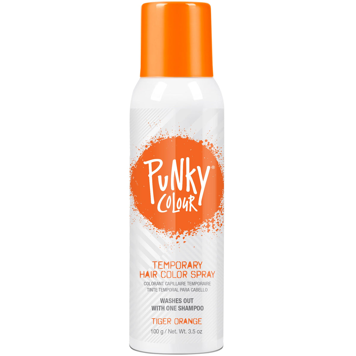 White can of tiger orange temporary hair colour spray with an orange cap, 3.5 oz