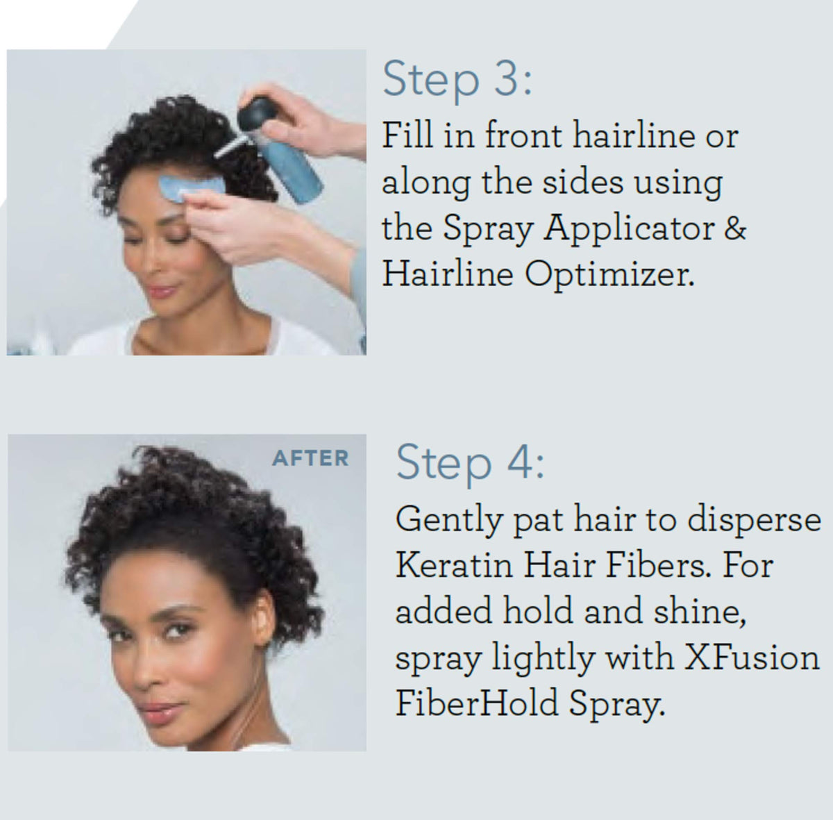 Steps 3 and 4: filling in a woman's hairline with fibers, then the finished curly hair