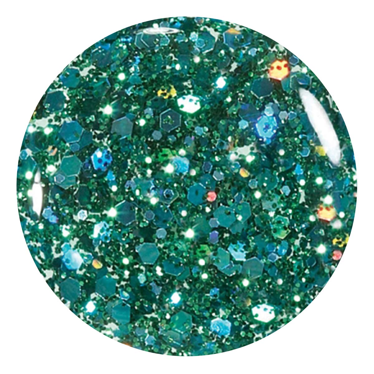 Close-up swatch of green and teal hexagon glitter nail polish