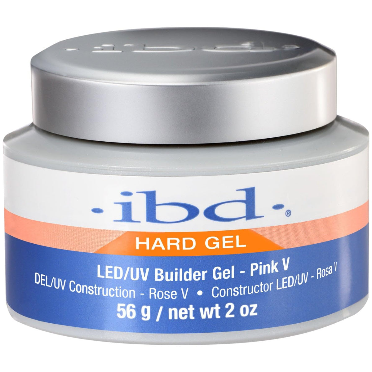 Jar of ibd hard gel LED/UV builder gel in Pink V with a silver lid, 2 oz