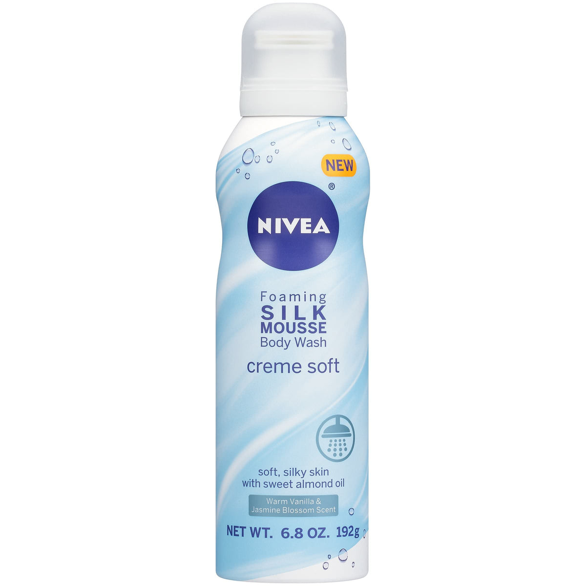 Front of the light blue foaming body wash can with a NEW badge
