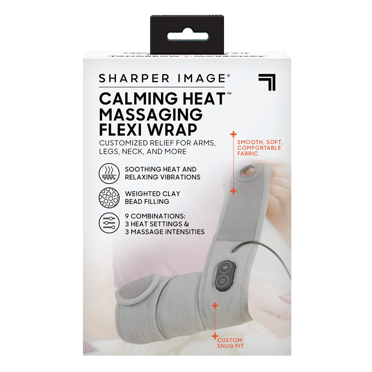 Calming Heat massaging flexi wrap box showing grey heated wrap around an elbow