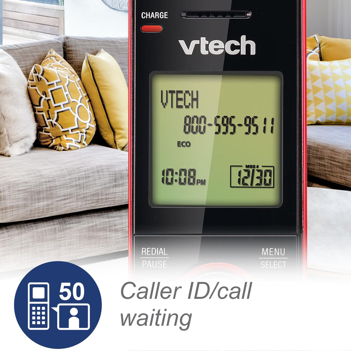 Close-up of the handset screen showing a caller name, number, time and date