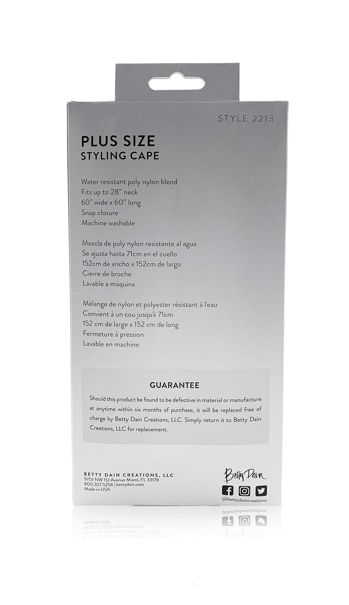 Back of the grey plus size styling cape box listing features in three languages