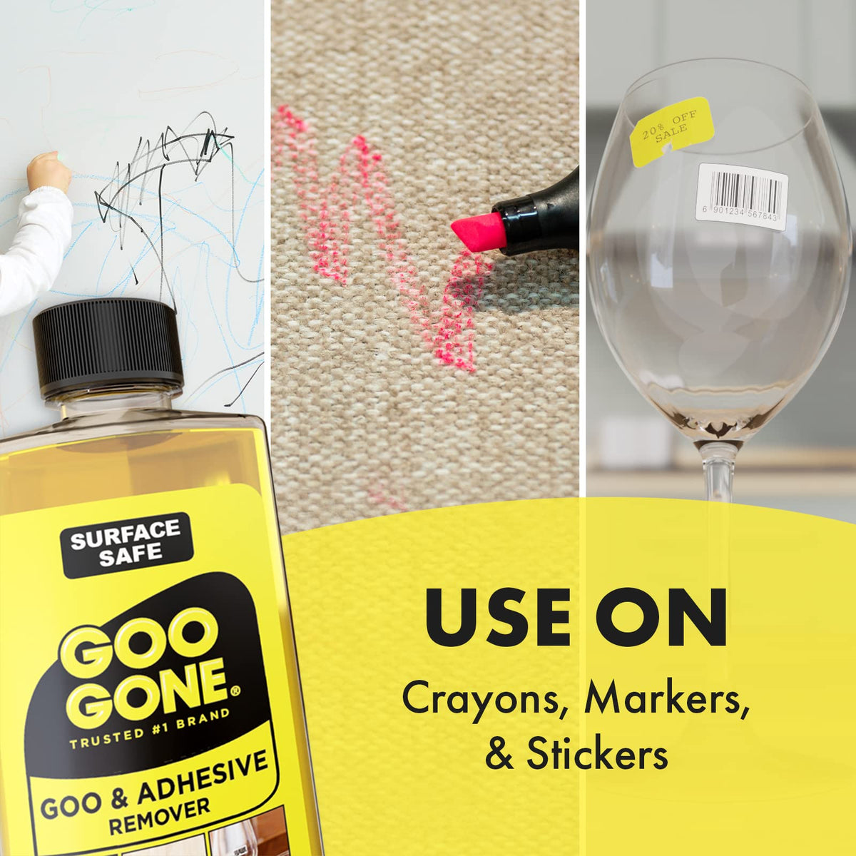 Crayon on a wall, marker on fabric and a price sticker on a wine glass