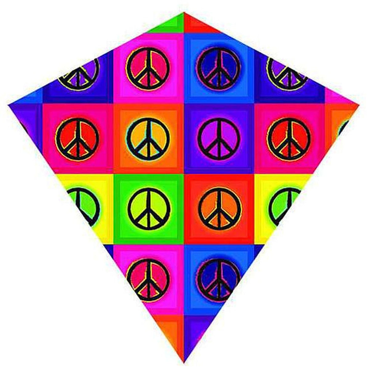 Diamond kite with black peace signs on bright pink, blue, orange and green squares