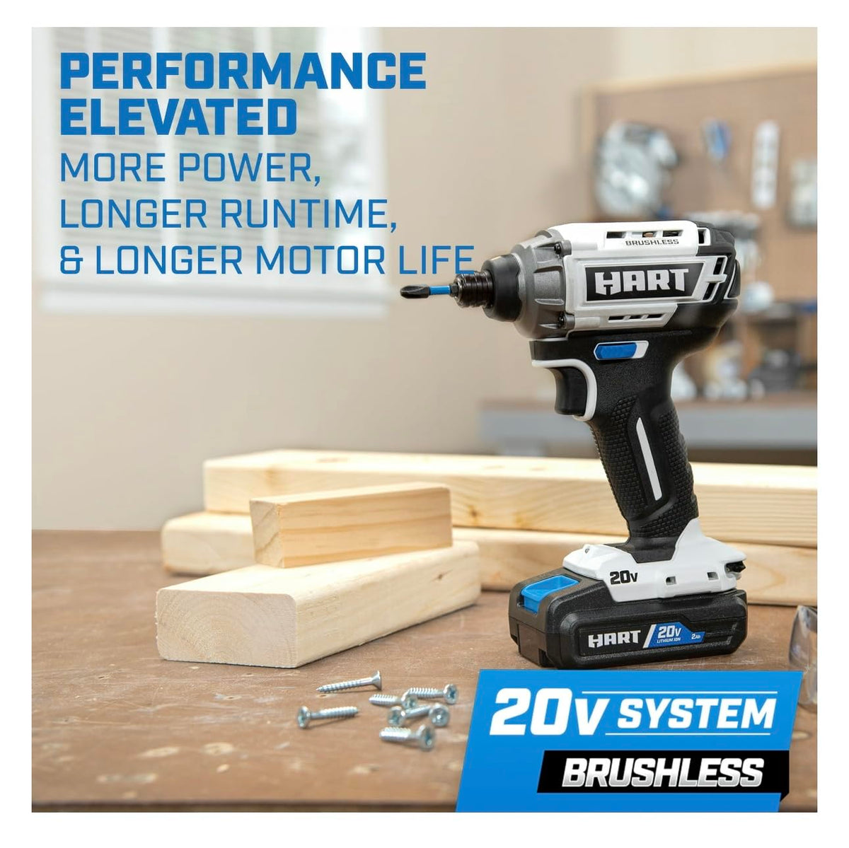 HART brushless impact driver on a workbench with pine boards and loose screws