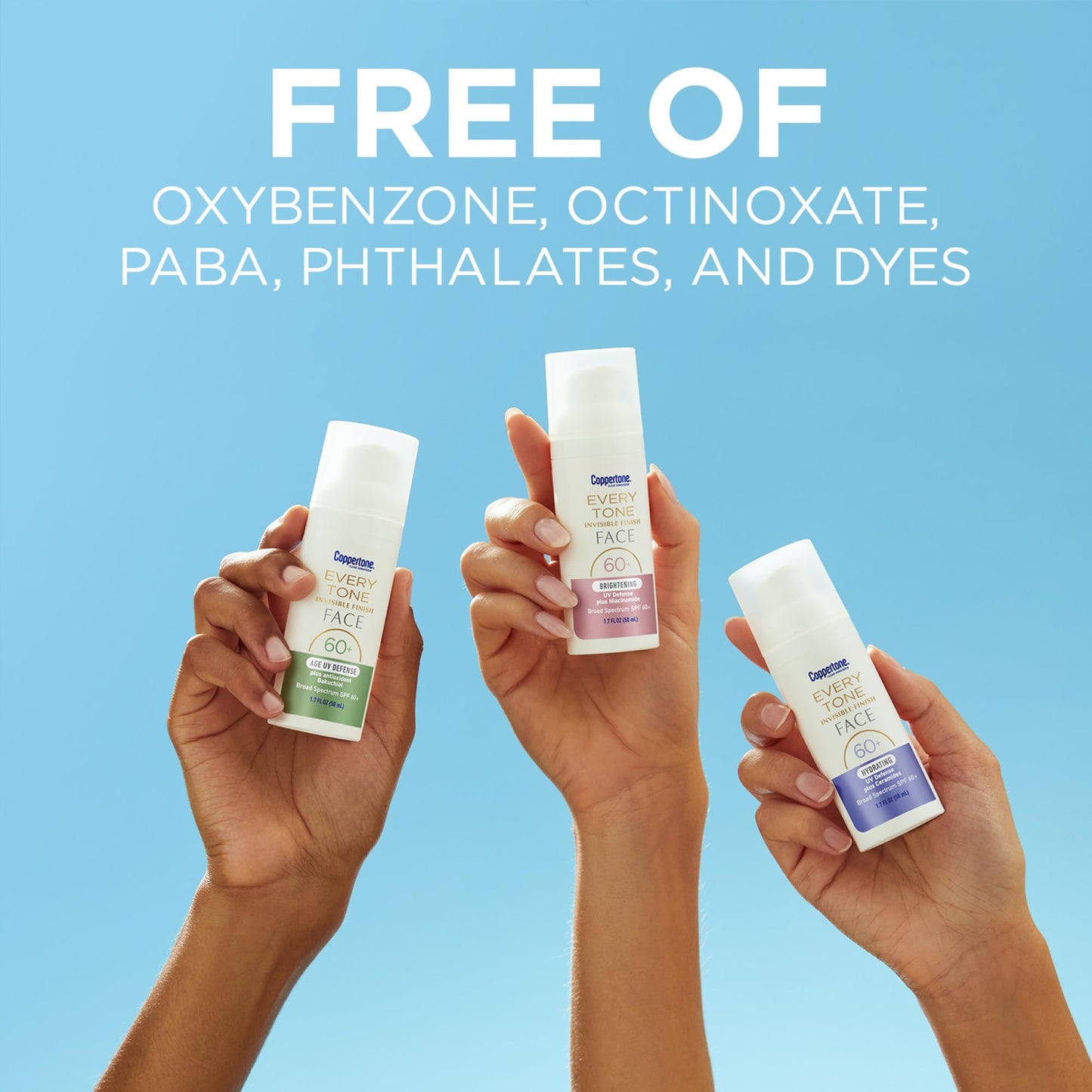 Coppertone Every Tone Invisible Finish Hydrating UV Defense Face Sunscreen SPF 60+ with Ceramides, Lightweight, Blends in Clear Sunscreen for All Skin Tones, 1.7 Fl Oz Pump Bottle