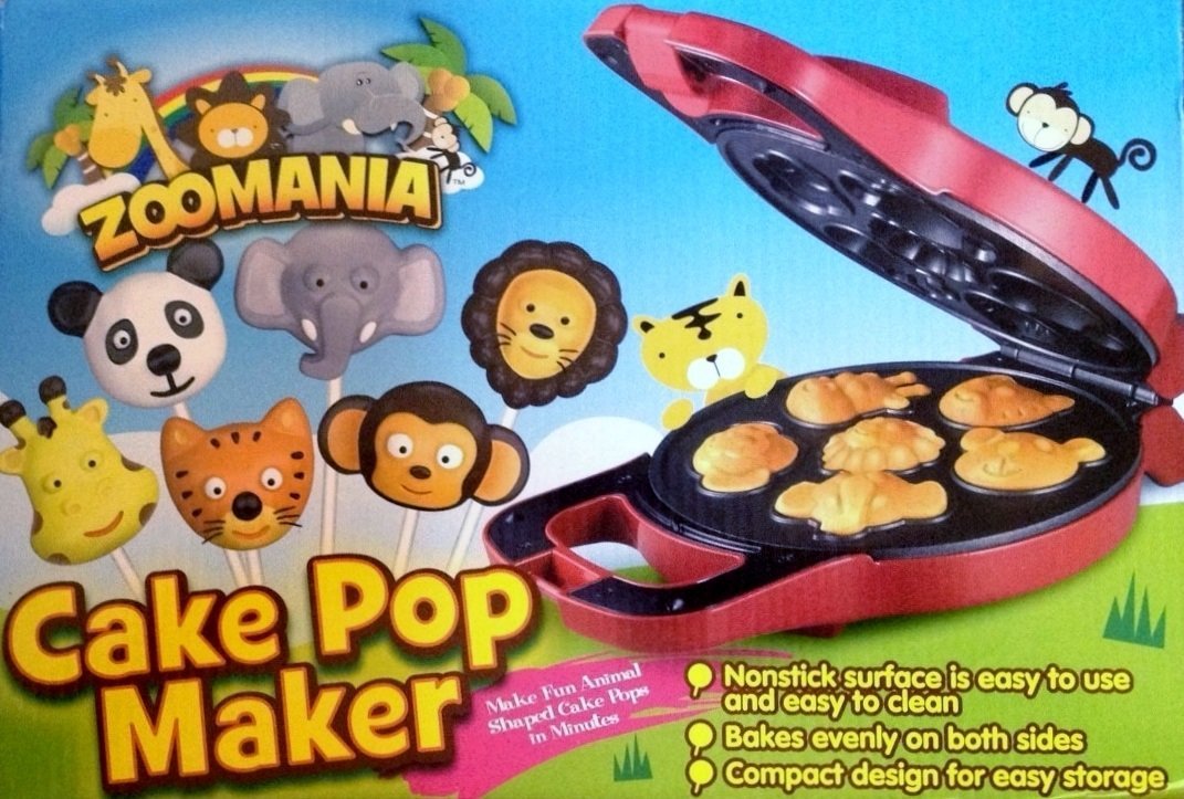 Red cake pop maker open with animal shaped cakes baking in its molds, on the box front