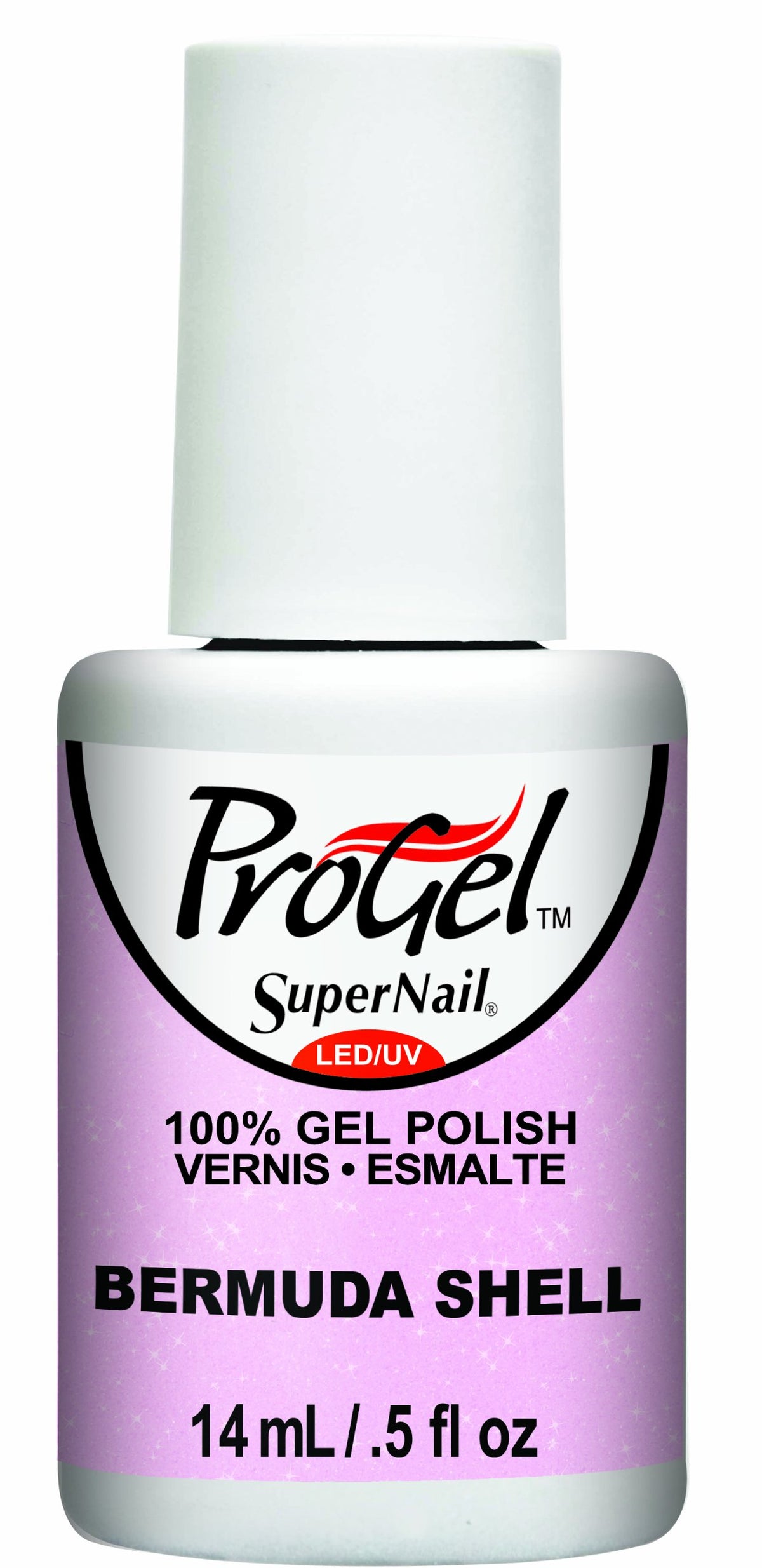 Gel polish bottle with a white cap and a pale lilac pink shimmer label