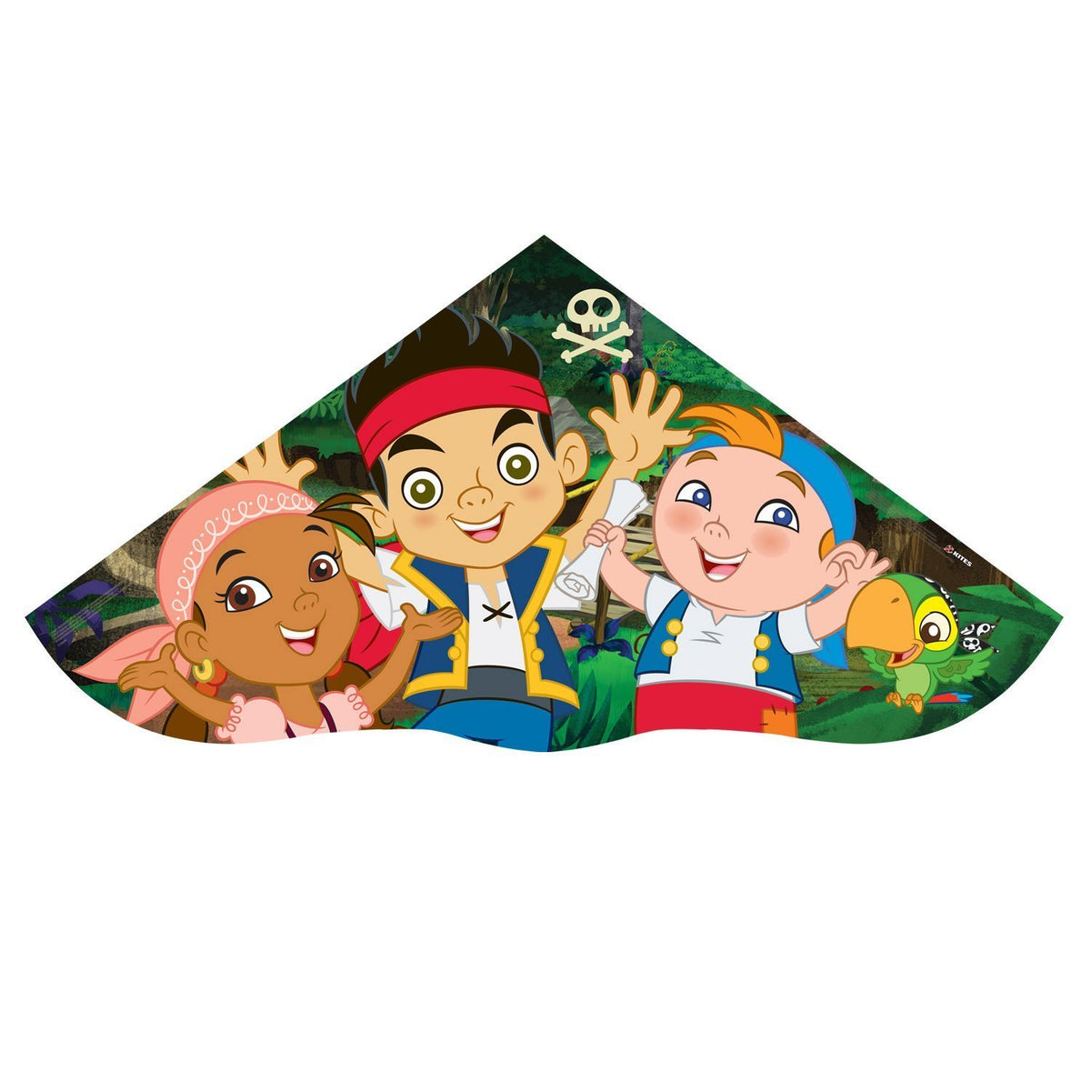 Delta kite showing Jake, Izzy, Cubby and a green parrot in a jungle scene