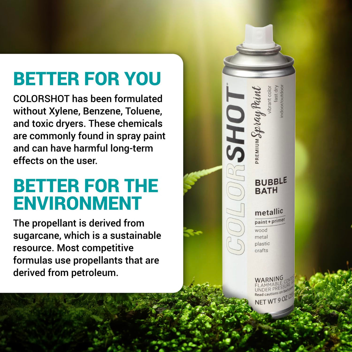 Spray can on moss in a forest beside text on its xylene-free formula and sugarcane propellant