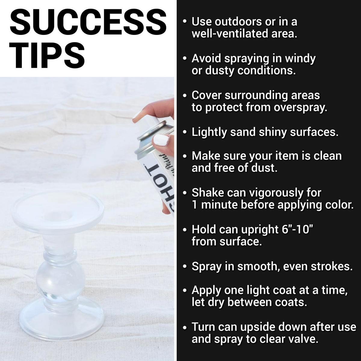 Spraying tips beside a hand painting a white glass candle holder