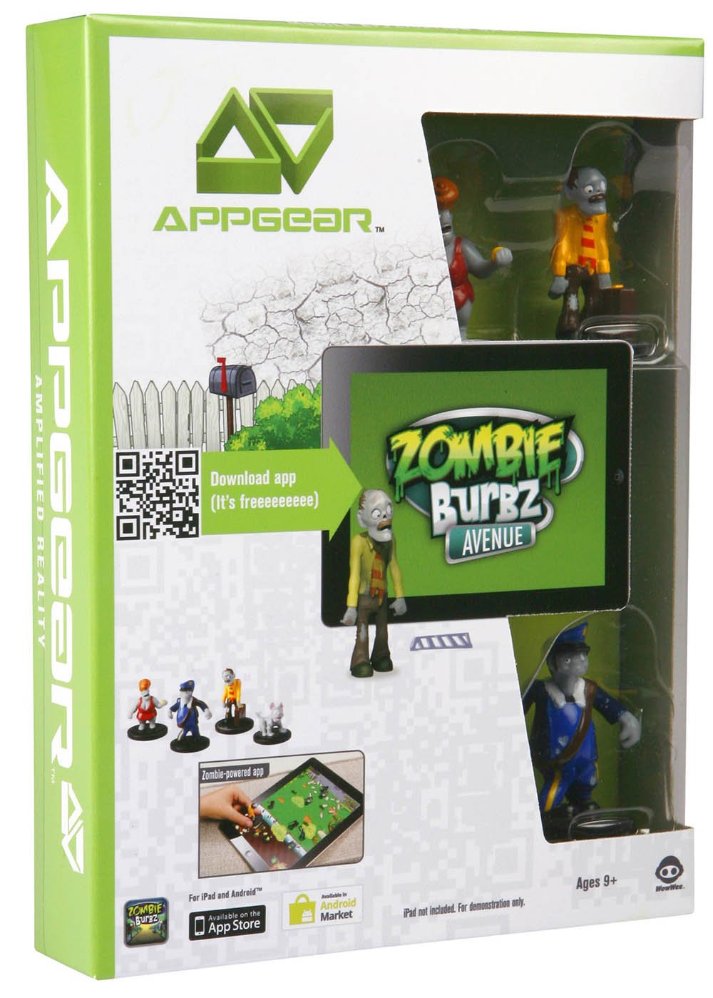 Green AppGear box of four ZombieBurbz Avenue zombie figures with a tablet game pictured