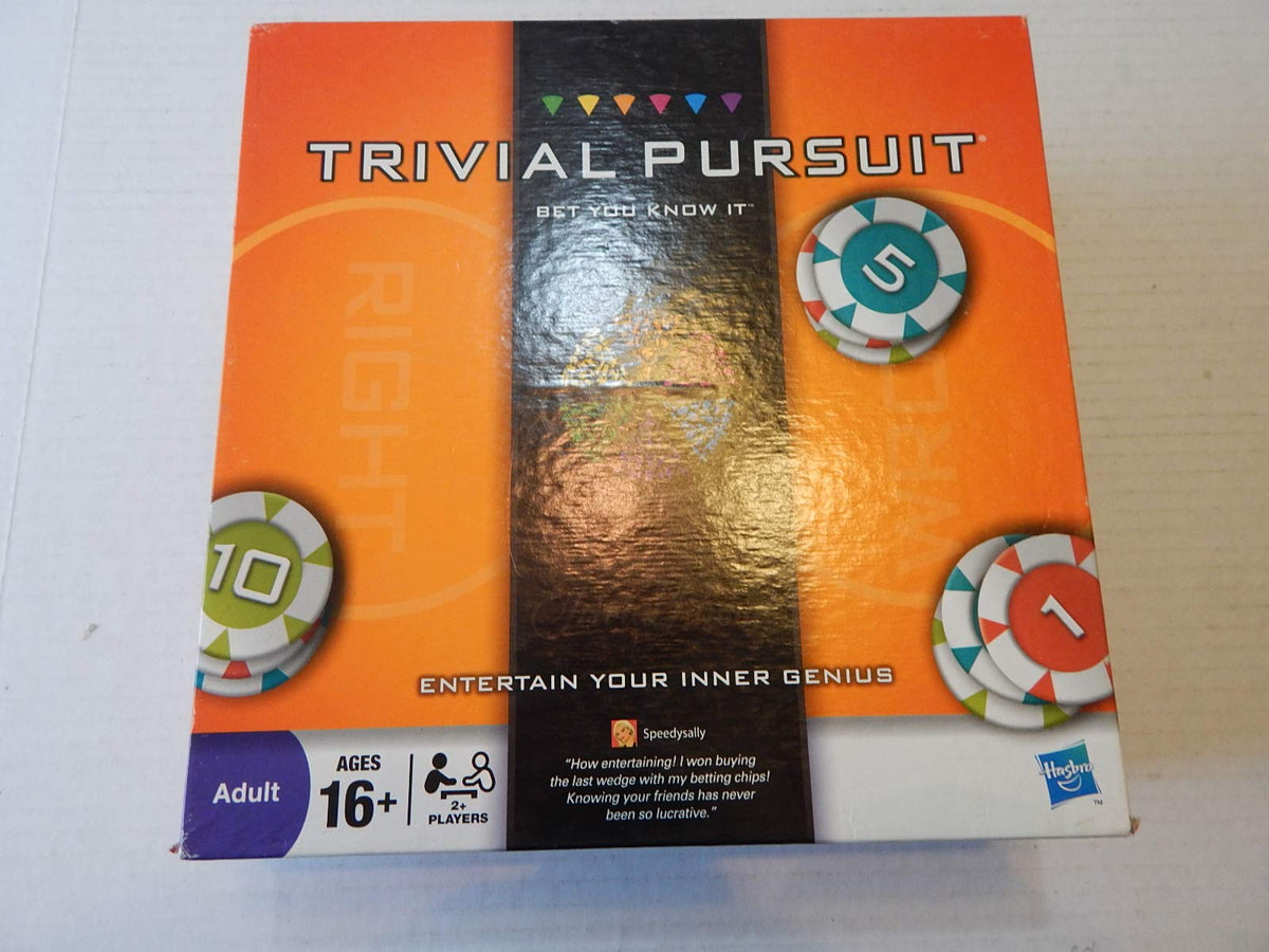 Orange and black trivia game box with numbered betting chips, ages 16 and up