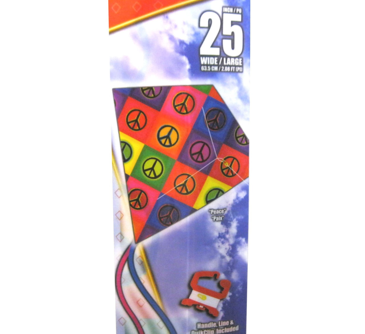 Close-up of the peace sign kite package showing the handle and line included