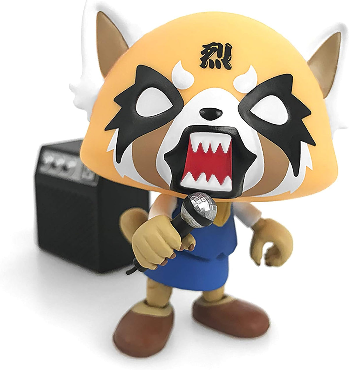 Close-up of the screaming red panda figure with a silver microphone
