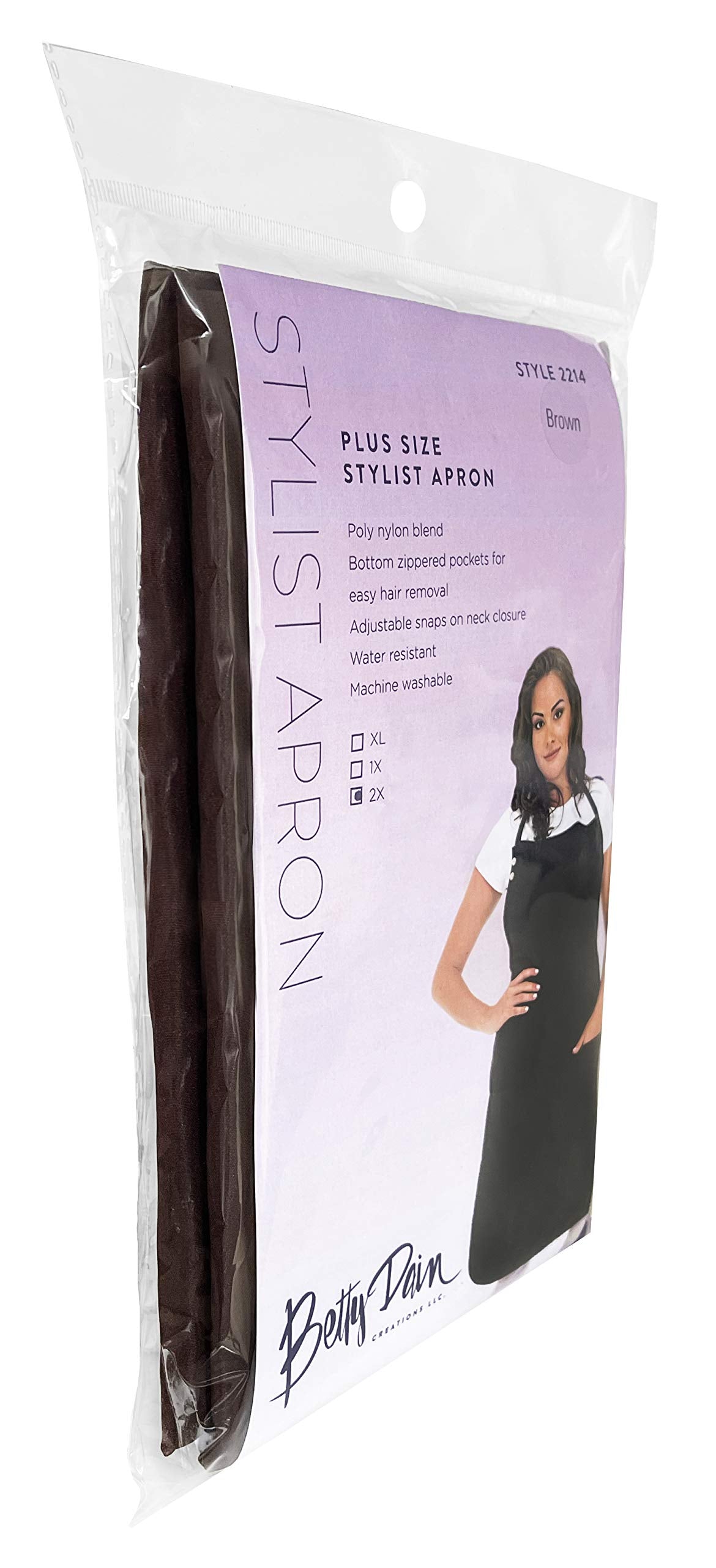 Side view of the bagged brown plus size apron showing the folded fabric edge