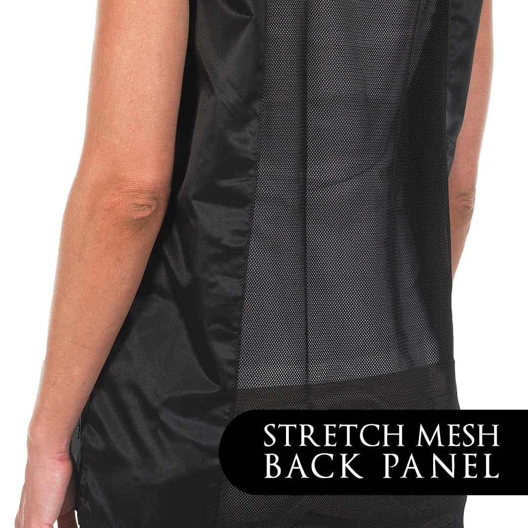 Back of the black vest showing the stretch mesh back panel, with a label