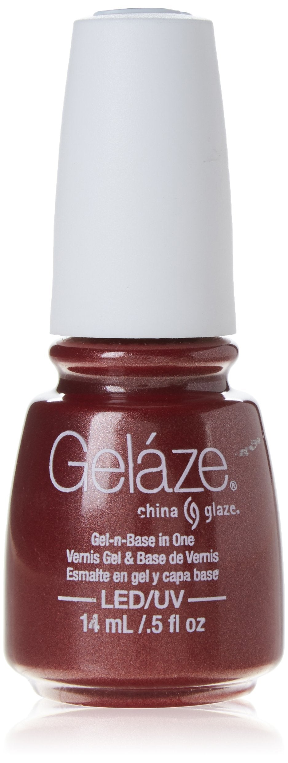 Bottle of shimmery brick red gel polish with a white cap