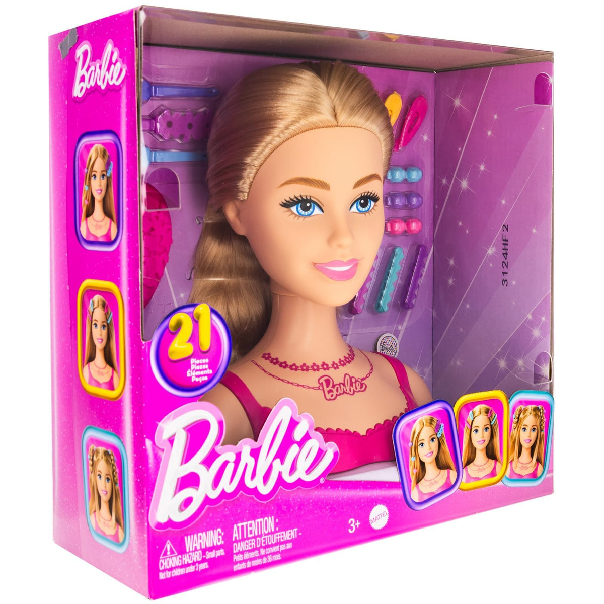 Pink Barbie styling head box with a blonde doll head and 21 hair accessories