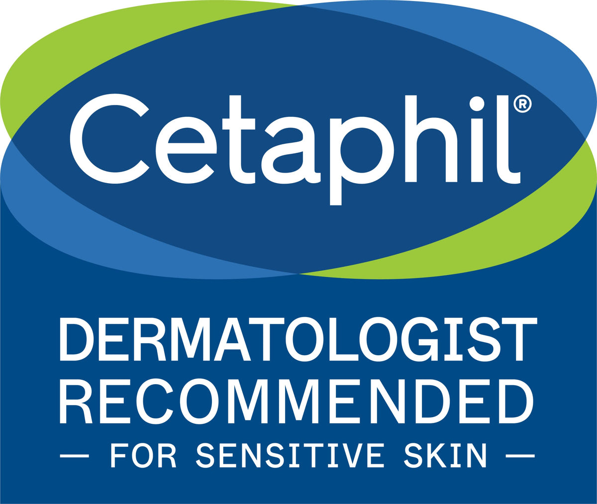 Cetaphil dermatologist recommended for sensitive skin badge in blue and green