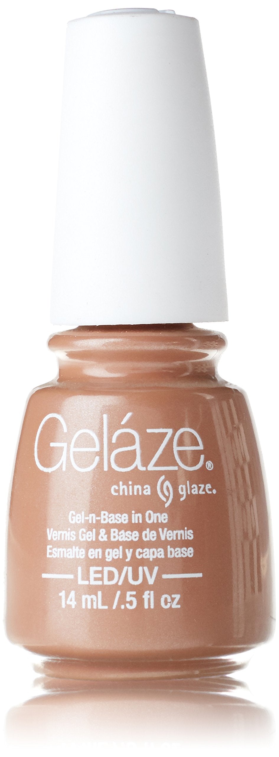Bottle of warm nude tan gel polish with a white cap, 14 mL LED/UV