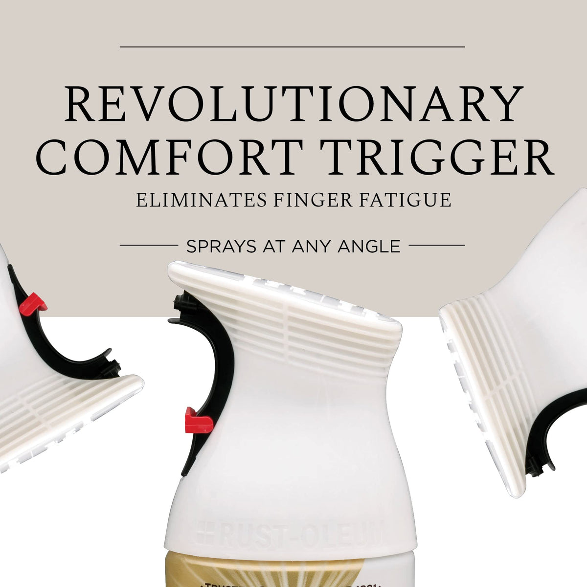 Three views of a white comfort-grip spray trigger with a red safety tab
