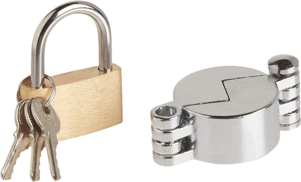Brass padlock with three keys beside the chrome hose bibb lock cover