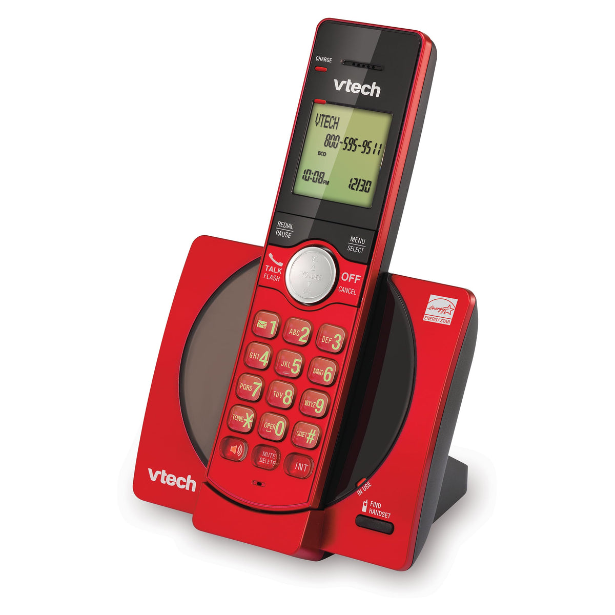 Angled view of the red handset in its base with the find handset button