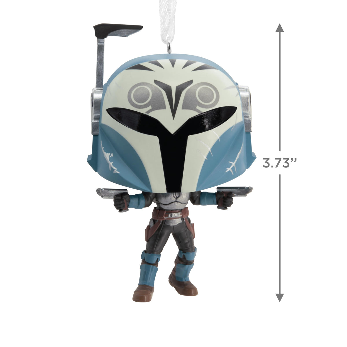 Size guide showing the blue-helmeted vinyl warrior ornament at 3.73 inches tall