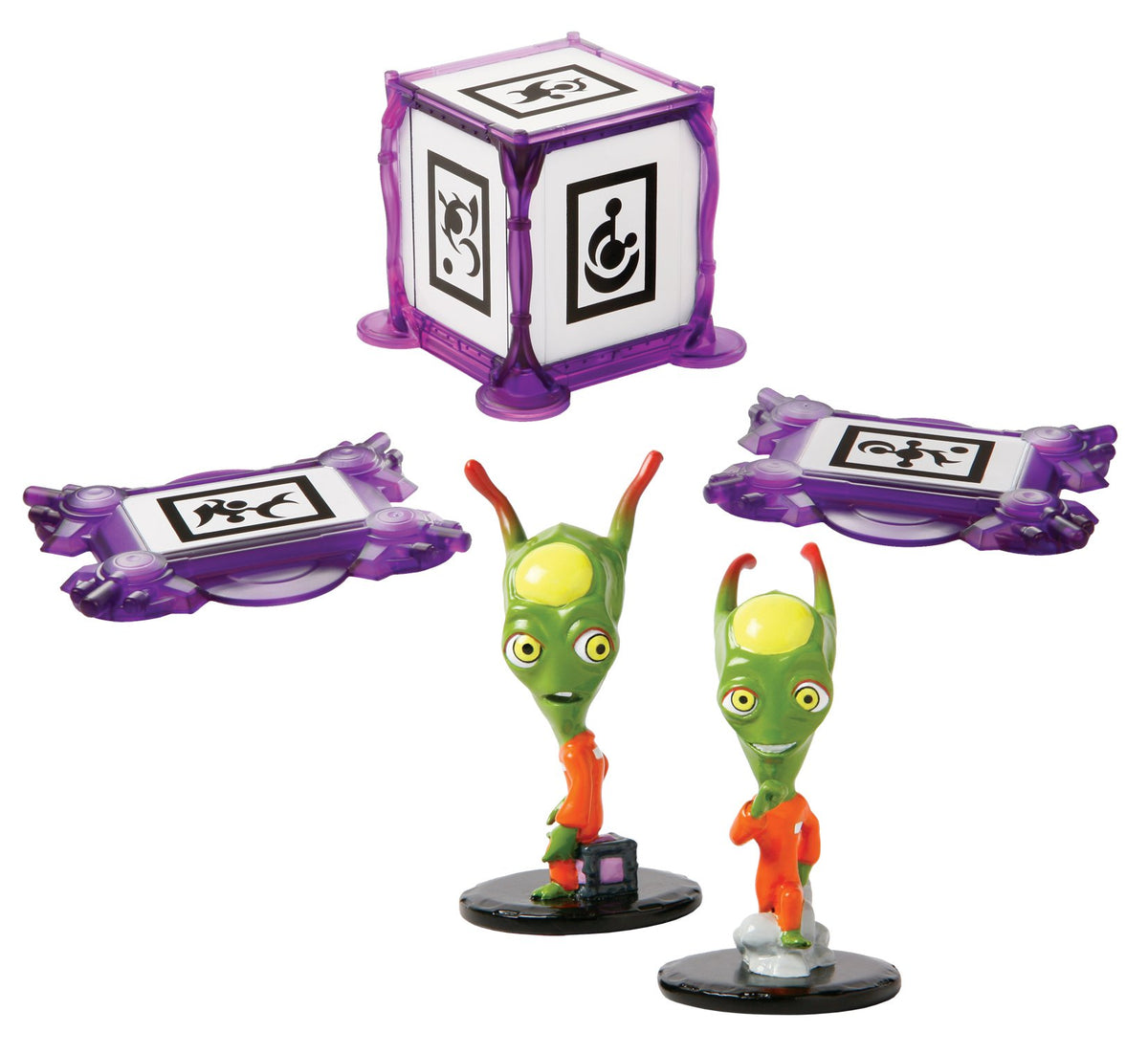 Alien Jailbreak set: purple augmented reality cube, two marker pads and two green alien figures
