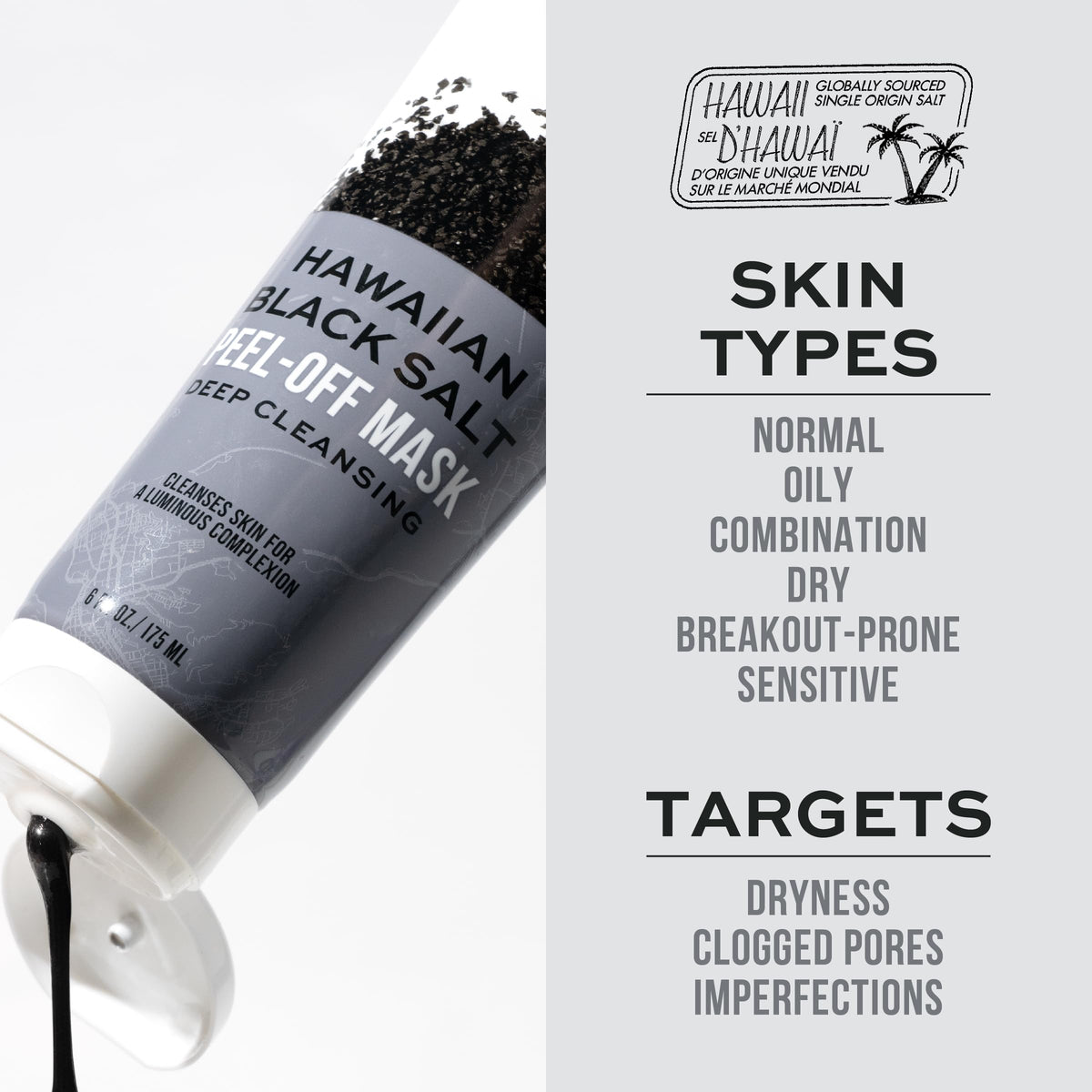 Tube dripping black gel beside a list of skin types and the concerns it targets